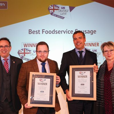 Best Foodservice Sausage L-R: Award partner Steve Derrick of Kerry, Traditional winner Aberdeenshire Larder (collected by Graeme Sharp of The Scotch Butchers Club), Innovative winner James Roberts of Danish Crown UK, and Sophie Grigson. 