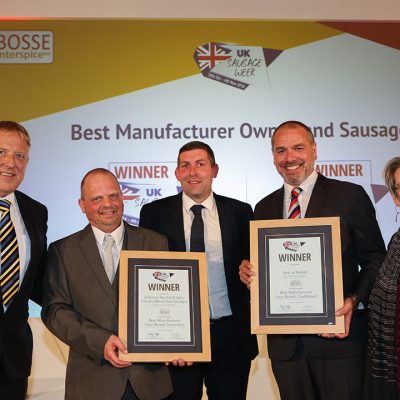 Best Manufacturer Own Brand Sausage L-R: Award partner Jensen Bosse of Bosse Interspice, Innovative winners Simon Ewer and Brad Hill of Riverway Foods Ltd, Traditional winner Paul Turner of A Turner and Sons, and Sophie Grigson. 