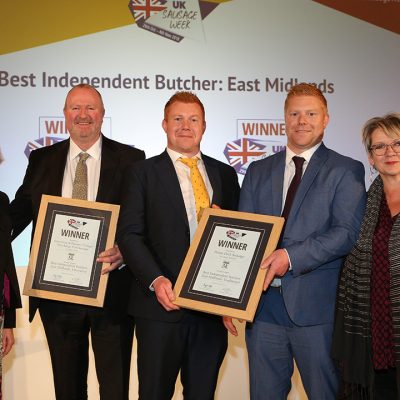 Best Independent Butcher: East Midlands L-R: Award partner Claire Holland of The Q Guild of Butchers, Innovative winner Andrew Edis of Edis of Ely, Traditional winners Ed Armstrong and Tom Armstrong of Ginger Butchers, and Sophie Grigson.