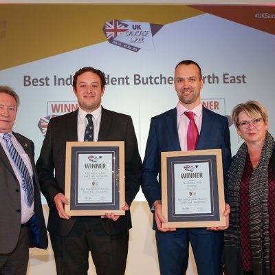 Best Independent Butcher: North East L-R: Award partner Keith Fisher of The Institute of Meat, Innovative winner Thomas Bollon of F. Leakes Butcher, Traditional winner Gordon Atkinson of Elite Meat Ltd, and Sophie Grigson. 