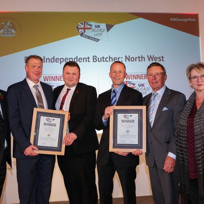 Best Independent Butcher: North West L-R: Award partner Graham Baker, Master of the Worshipful Company of Butchers, Innovative winners Ton Cox and Grant Richards of H Clewlow Butchers, Traditional winners Howard Callaghan and Gordon Callaghan of G Callaghan & Son, and Sophie Grigson. 