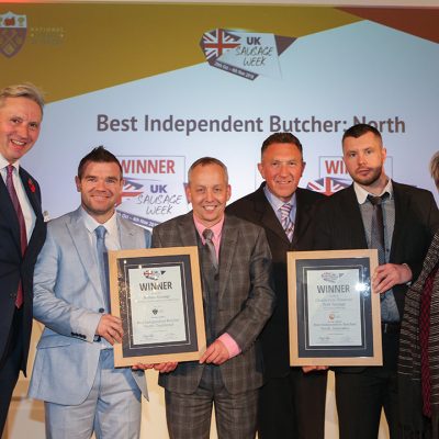 Best Independent Butcher: North L-R: Award partner Roger Kelsey of National Craft Butchers, and Traditional winners Michael Magneron and Morris Adamson of Rothbury Family Butchers, Innovative winners Paul Clark and Stephen Auton of George H Pickings, and Sophie Grigson. 