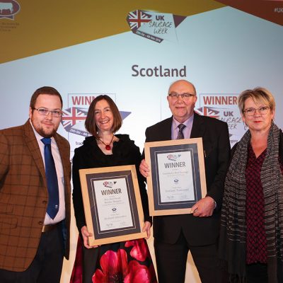 Scotland L-R: Award partner Graeme Sharp of The Scotch Butchers Club, Innovative winner Julia Thomas  of Hugh Black & Sons Butchers, Traditional winner Sandy Crombie of Crombies of Edinburgh, and Sophie Grigson. 