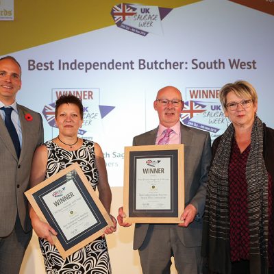 Best Independent Butcher: South West L-R: Award partner John Lelliot of Leonards Ingredients, Traditional winner Janet Pawley of Lambournes Butchers, Innovative winner Kevin Tratt of K & M Butchers, and Sophie Grigson. 