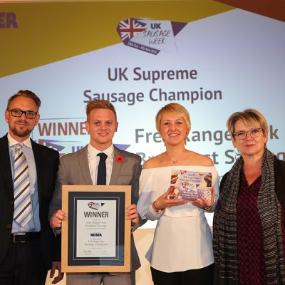 UK Supreme Sausage Champion L-R: Award partner Richard Watson of Reiser UK Ltd, winners George Parker and Hannah Parker of Frank Parker Butchers, and Sophie Grigson. 