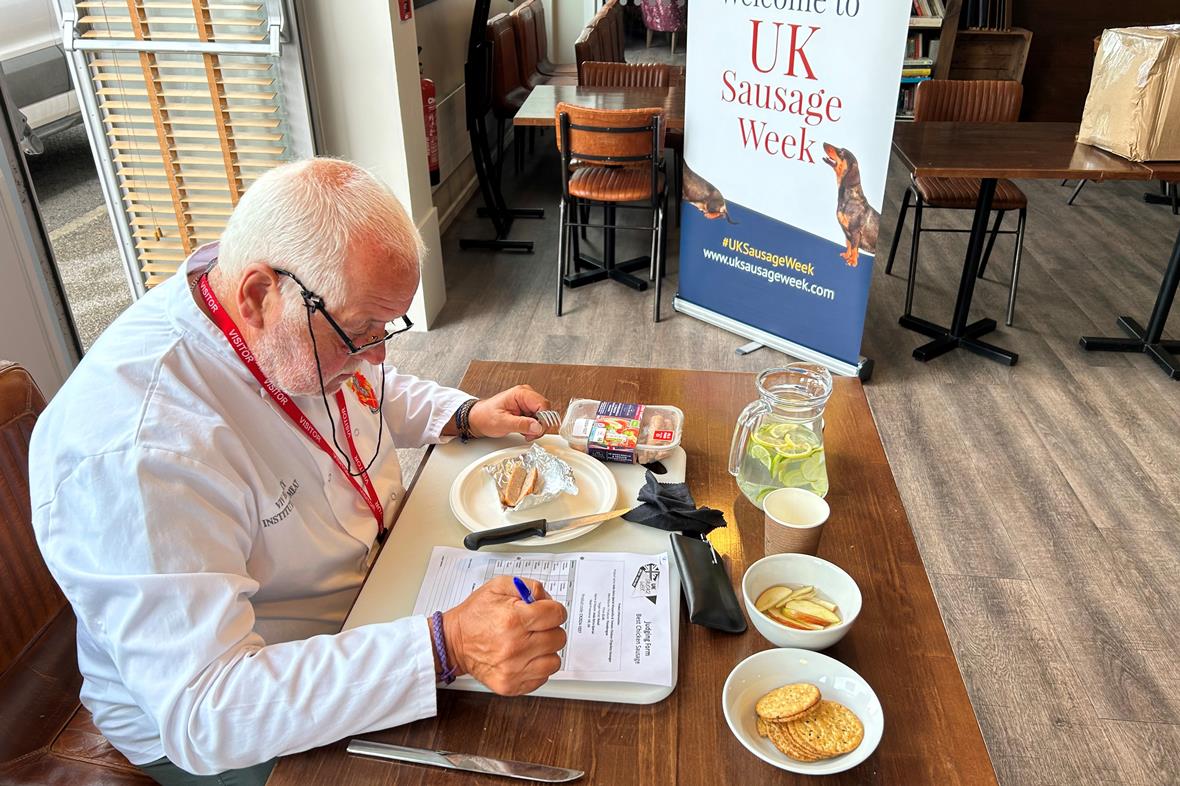 A home economist prepares sausage products for tasting as part of the UKSW judging process.