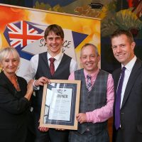 Best Independent Butcher North Traditional Sausage: L-R: Host Lesley Waters with winners Callum Garrick and Morris Adamson of Rothbury Family Butchers with category partner James Smith of Kalsec