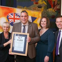 Best Independent Butcher North Innovative Sausage: L-R: Host Lesley Waters with winners Stephen and Jennie Allison of Low Howgill Butchers with category partner James Smith of Kalsec
