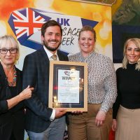 Best Independent Butcher North East Traditional Sausage: L-R: Host Lesley Waters with winners Graham Ward and Laura Smith of Uncle Henry's with category partner Denise McGrahan of Dalziel Ingredients