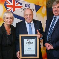 Best Independent Butcher North West Traditional Sausage: L-R: Host Lesley Waters with winner Kevin Berkins of Fence Gate Inn with category partner Nick Allen of BMPA