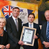 Best Independent Butcher East Midlands Innovative Sausage: L-R: Host Lesley Waters with winners Andrew Northrop and Tom Burton of Burtons Butchers with category partner Norman Bagley of AIMS