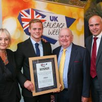 Best Independent Butcher West Midlands Innovative Sausage: L-R: Host Lesley Waters with winners George and Frank Parker of Frank Parker Butchers with category partner Graeme Rolinson of Marel