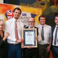 Best Independent Butcher South East Innovative Sausage: Host Lesley Waters with winners James Buddin, Aaron Moore and Craig Hammond of Hammonds Butchers with category partner Anthony Daniels of Handtmann