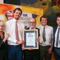 Best Independent Butcher South East Innovative Sausage: Host Lesley Waters with winners James Buddin, Aaron Moore and Craig Hammond of Hammonds Butchers with category partner Anthony Daniels of Handtmann