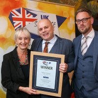 Best Butcher Northern Ireland Traditional Sausage: L-R: Host Lesley Waters with winner David Rosbotham of Hannan Meats with category partner Richard Watson of Reiser