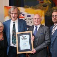 Best Butcher Northern Ireland Innovative Sausage: Host Lesley Waters with winner Paul Clarke and Trevor Shannon of En-Place Foods with category partner Richard Watson of Reiser