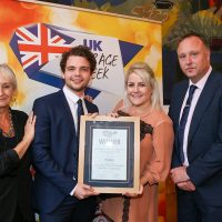 Best Supermarket/Multiple Retailer Traditional Sausage: L-R: Host Lesley Waters with winners Zac Roberts and Rachel Wells of Cranswick for Sainsbury's Taste the Difference Cumberland Sausage, with category partner Paul Wells of Viscofan UK