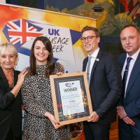 Best Supermarket/Multiple Retailer Innovative Sausage: L-R: Host Lesley Waters with winners Anna Williams and Peer Sandtner of Lidl with category partner Paul Wells of Viscofan UK